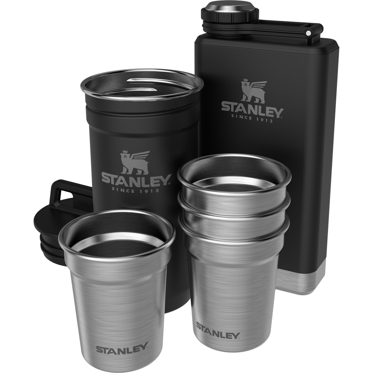 Stanley 1913 Adventure Pre-Party Shot Glass + Flask Set in Matte Black Pebble | Bekijk de 1